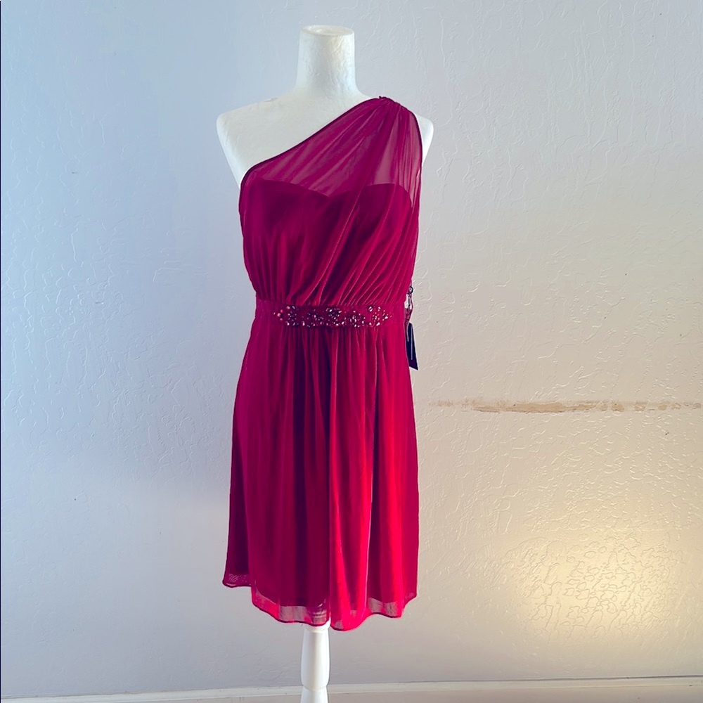 Adrianna Papell Red One-Shoulder Midi Cocktail Dress